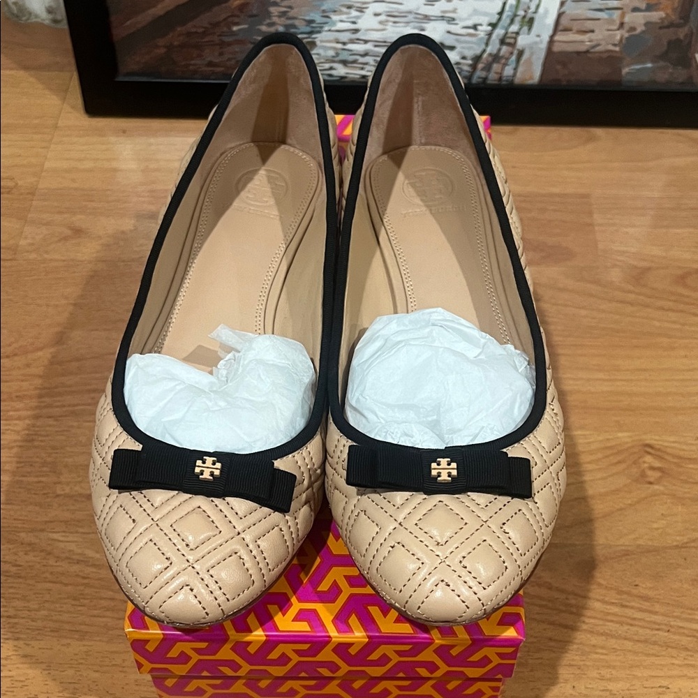 Tory Burch Tan Quilted Flats with Black Trim